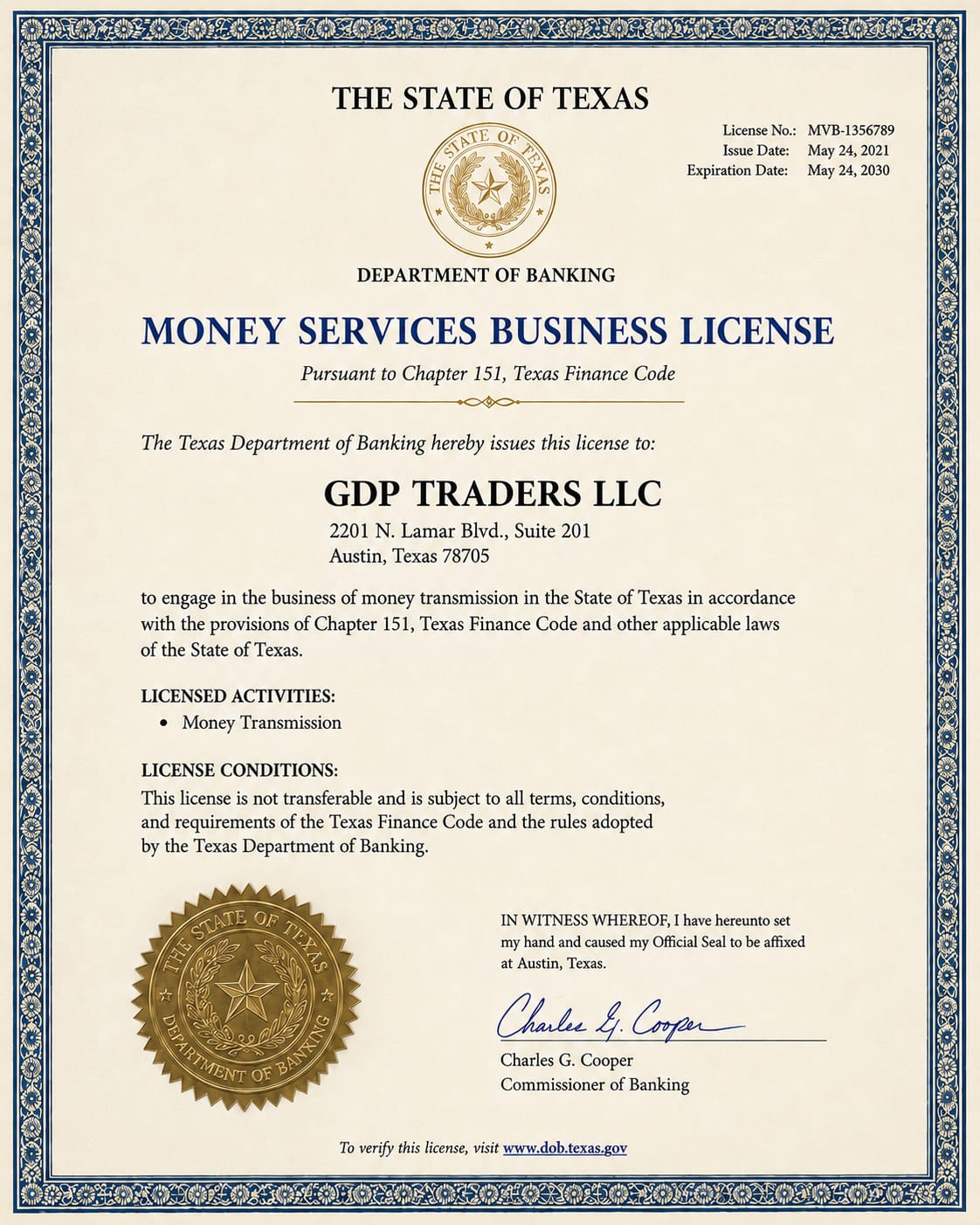 GDP Traders LLC Texas Department of Banking license certificate